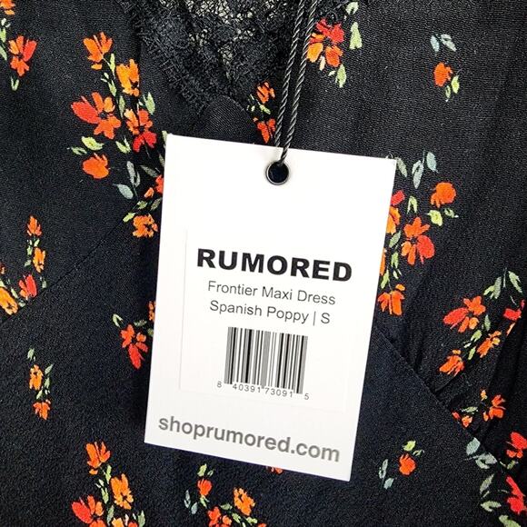 NEW Rumored Frontier Spanish Poppy Black Red Floral Lace Maxi Dress Small - Picture 12 of 15